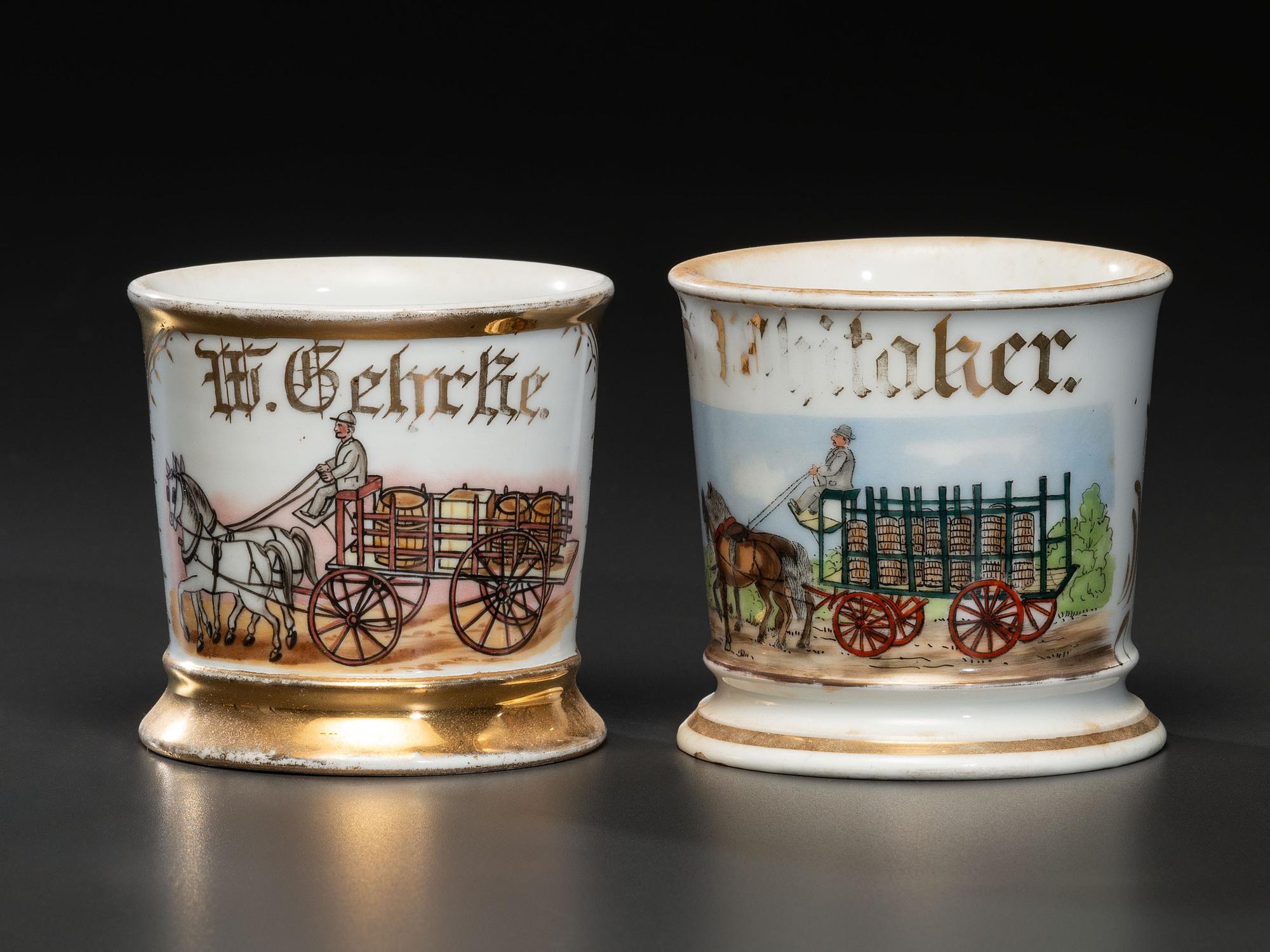 Two Occupational Shaving Mugs Depicting Horse-Drawn Barrel Wagons