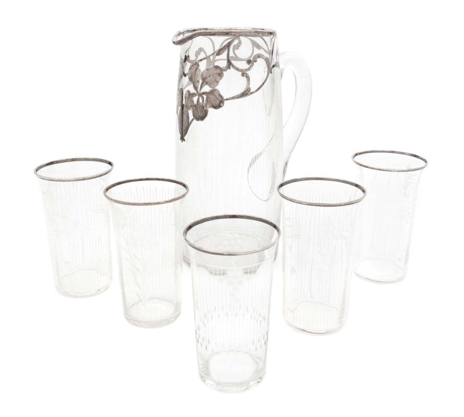 A Collection of Silver Overlay Glass Barware Height of pitcher 10 1/4 inches.