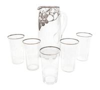 A Collection of Silver Overlay Glass Barware Height of pitcher 10 1/4 inches.