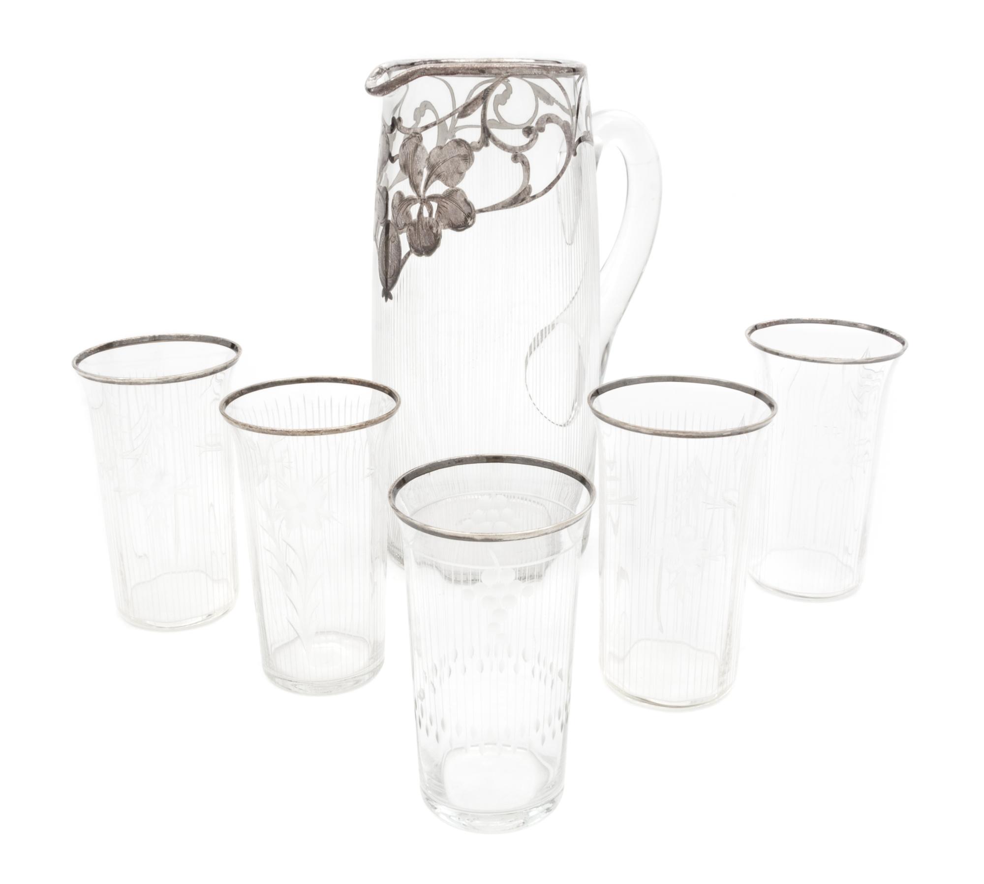 A Collection of Silver Overlay Glass Barware Height of pitcher 10 1/4 inches.