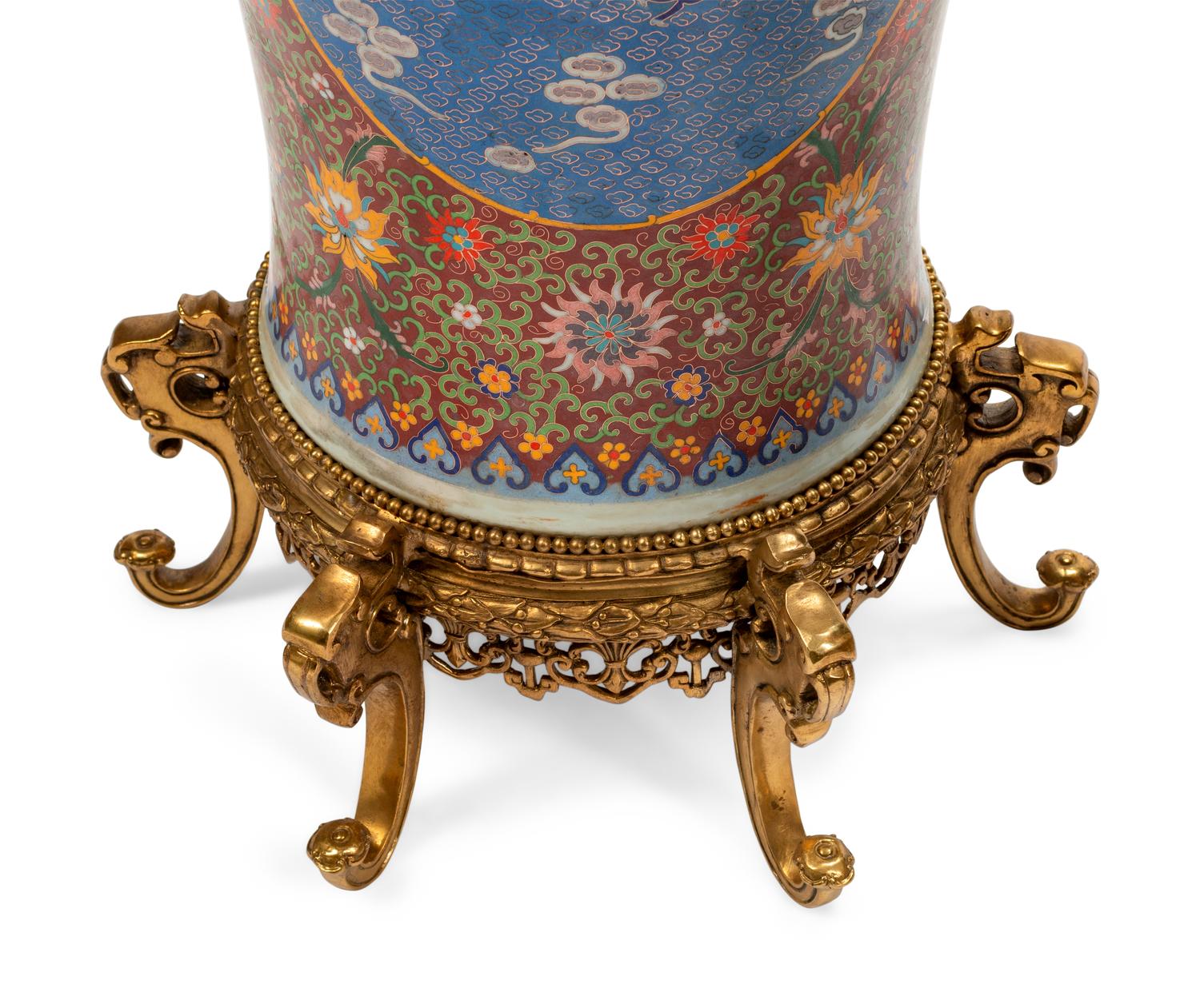 A Pair of Chinese Export Cloisonné-Over-Porcelain Floor Vases on Gilt Metal Bases