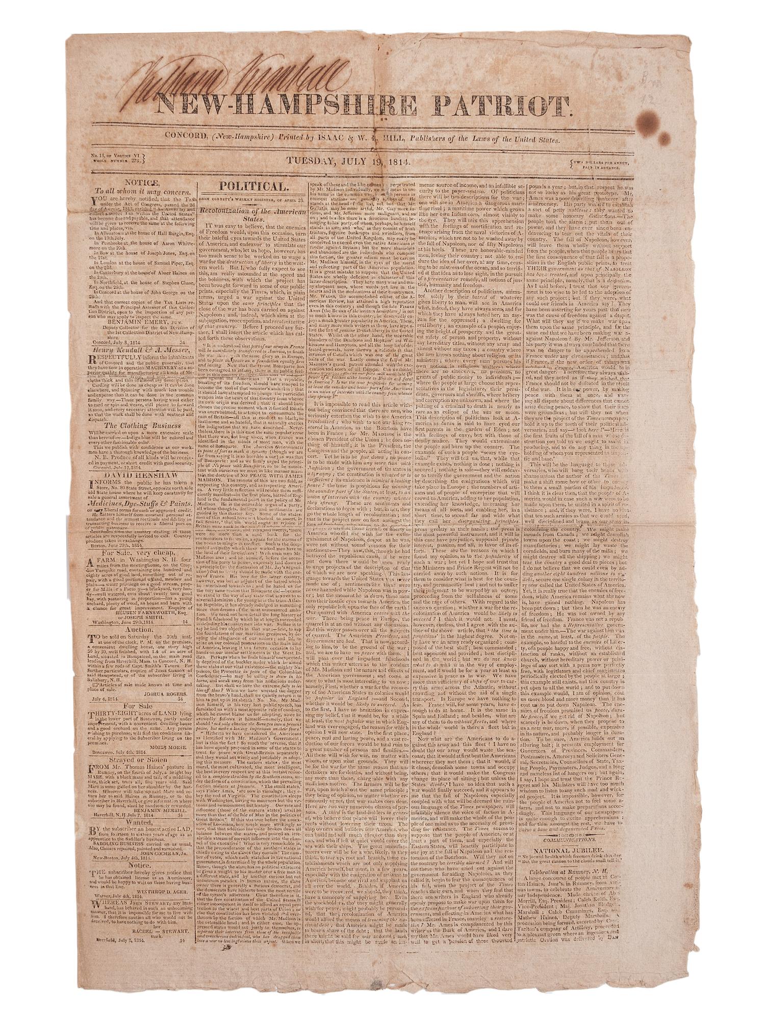 [PERIODICALS]. A group of 13 nineteenth-century newspapers and publications, including The Emancipator and the Catholic newspaper of the Yankton Sioux.