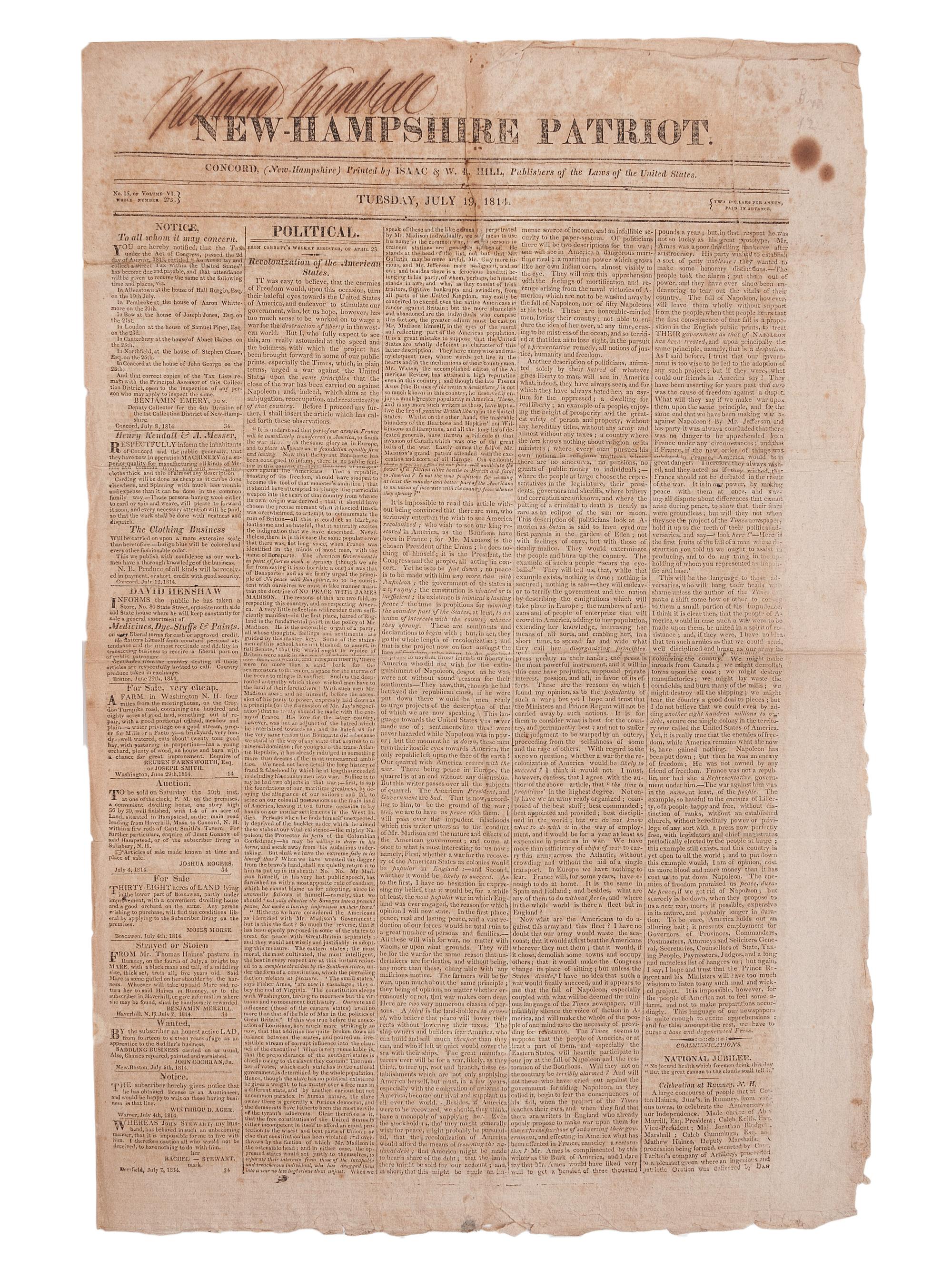 [PERIODICALS]. A group of 13 nineteenth-century newspapers and publications, including The Emancipator and the Catholic newspaper of the Yankton Sioux.