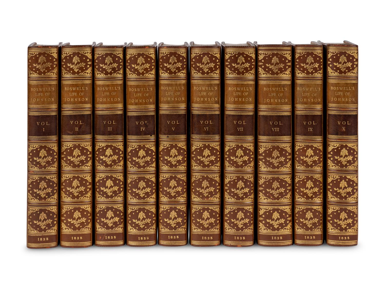 [BINDINGS]. A group of approximately 76 volumes, most in contemporary leather bindings, including works related to British history, illustration, and literature, comprising: