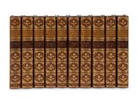 [BINDINGS]. A group of approximately 76 volumes, most in contemporary leather bindings, including works related to British history, illustration, and literature, comprising: