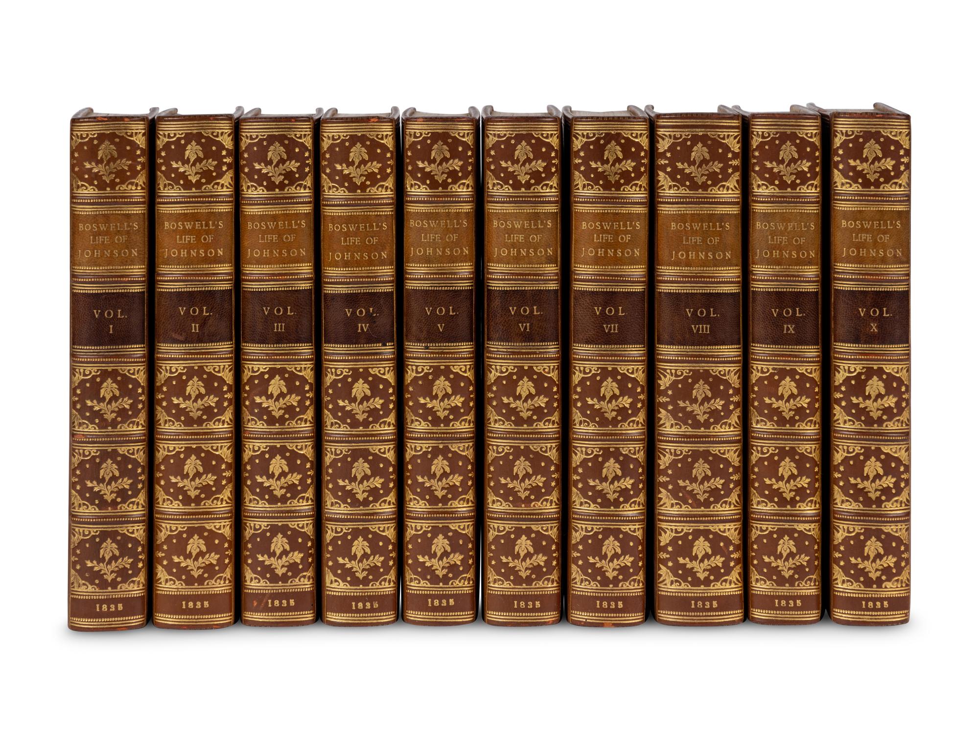 [BINDINGS]. A group of approximately 76 volumes, most in contemporary leather bindings, including works related to British history, illustration, and literature, comprising: