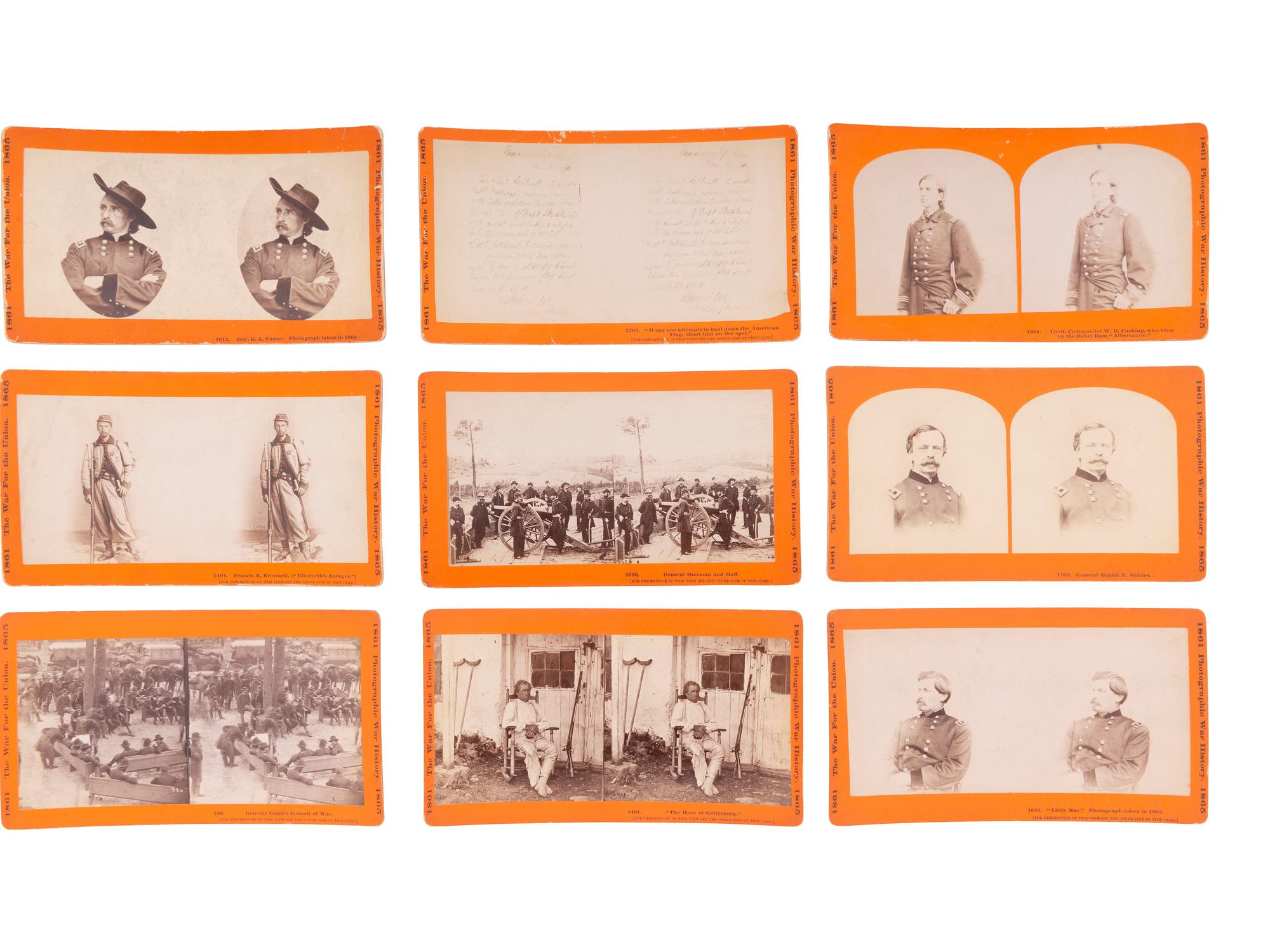 [CIVIL WAR]. A group of 9 stereoviews related to important individuals including George A. CUSTER, William T. SHERMAN, and others. Hartford, CT: Taylor & Huntington, ca 1890s.