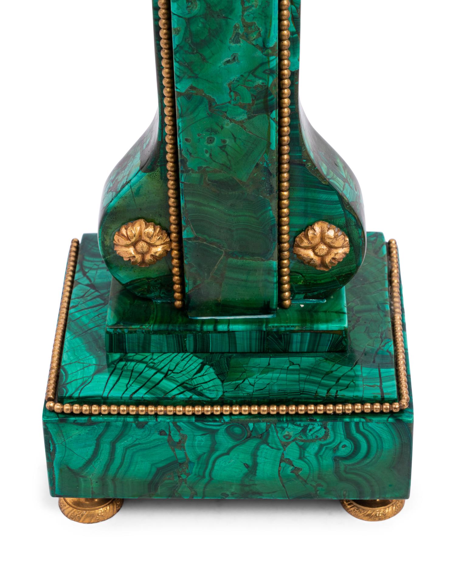 A Pair of Empire Style Gilt Metal and Malachite Veneered Two-Light Candelabra