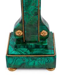 A Pair of Empire Style Gilt Metal and Malachite Veneered Two-Light Candelabra