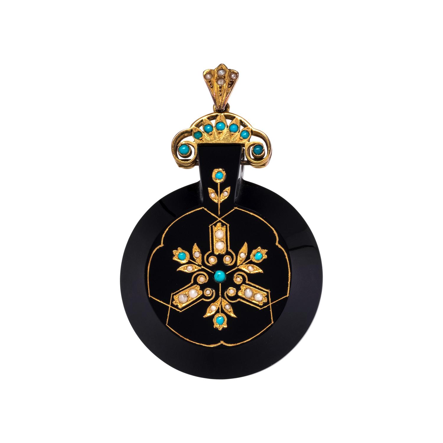ONYX, TURQUOISE AND SEED PEARL PENDANT