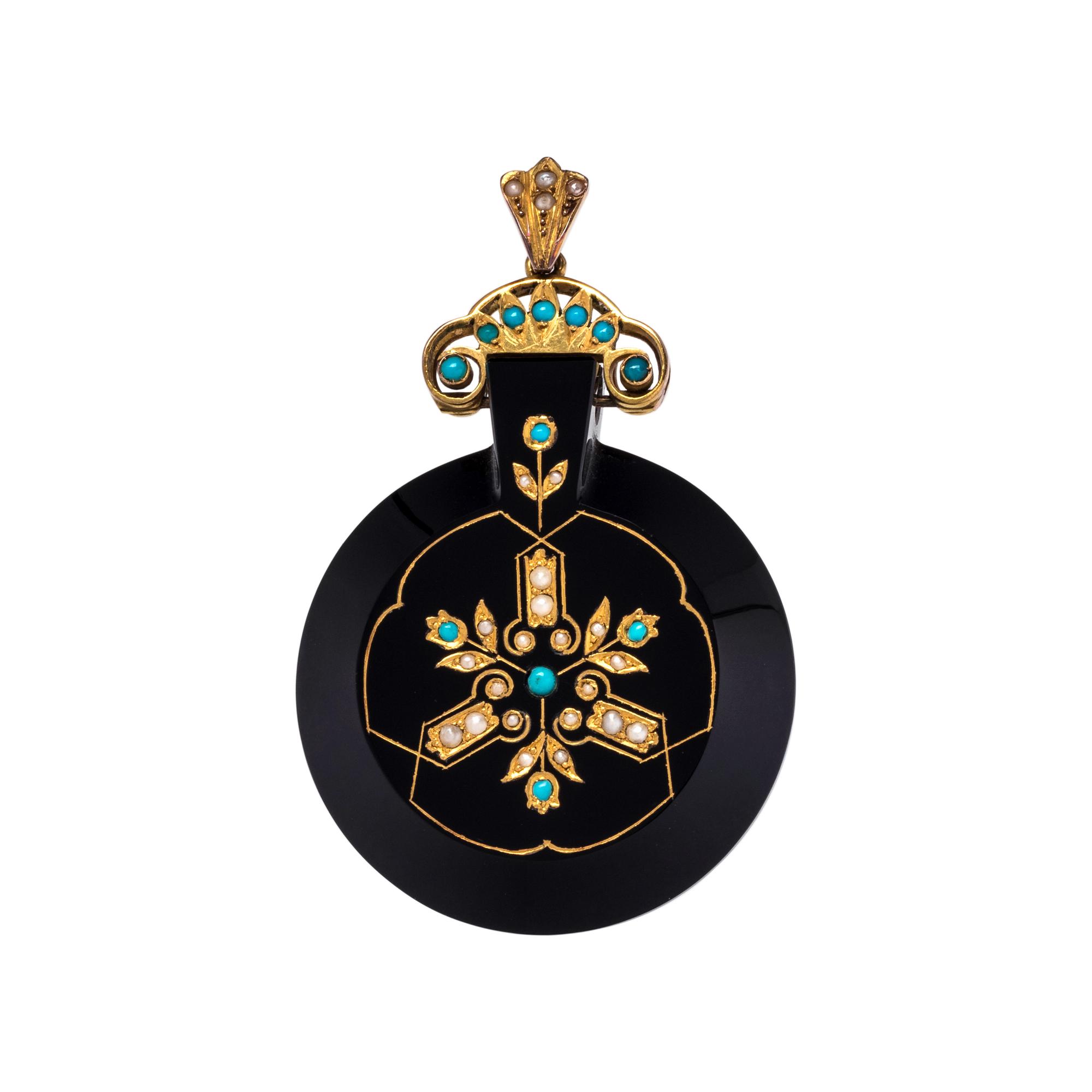 ONYX, TURQUOISE AND SEED PEARL PENDANT