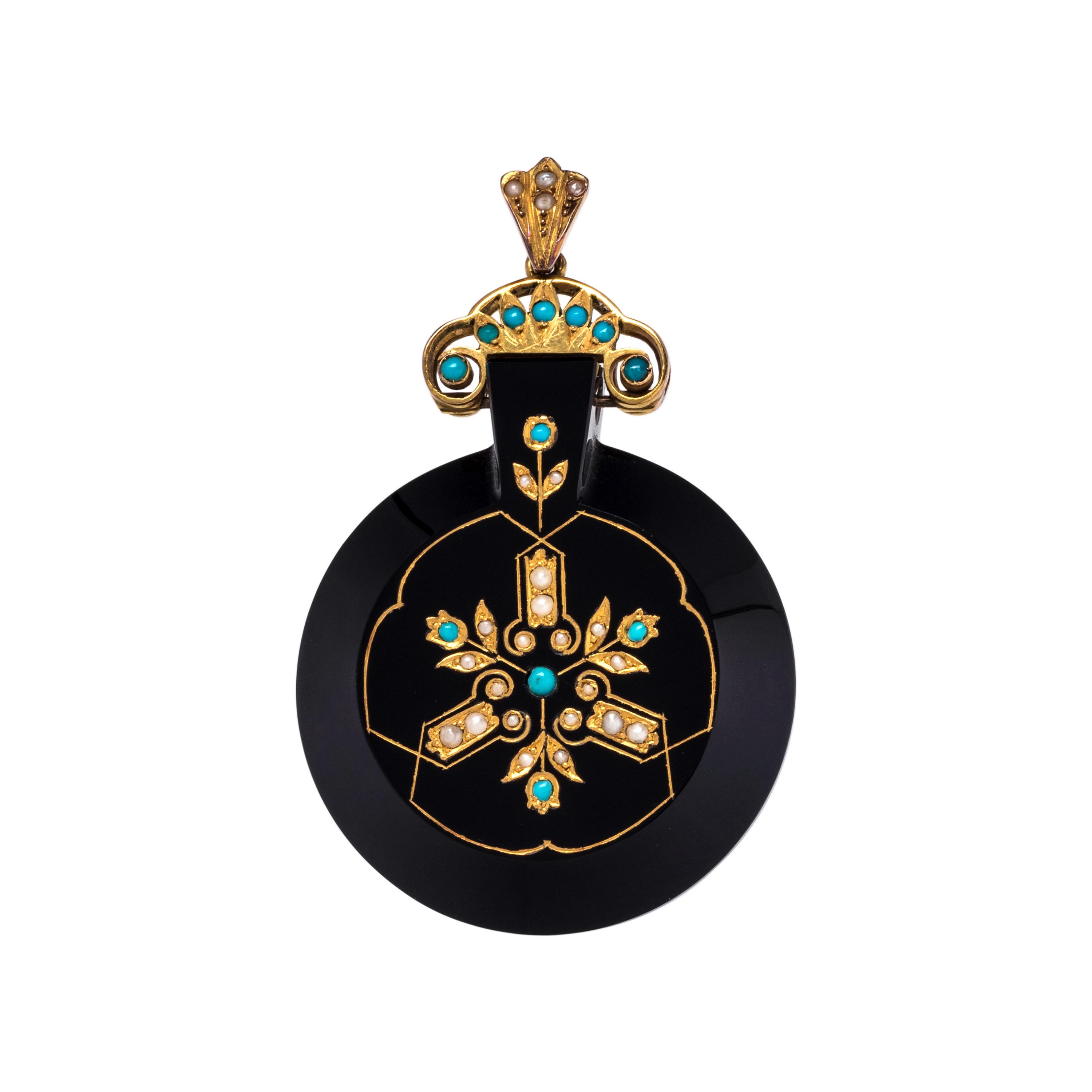 ONYX, TURQUOISE AND SEED PEARL PENDANT