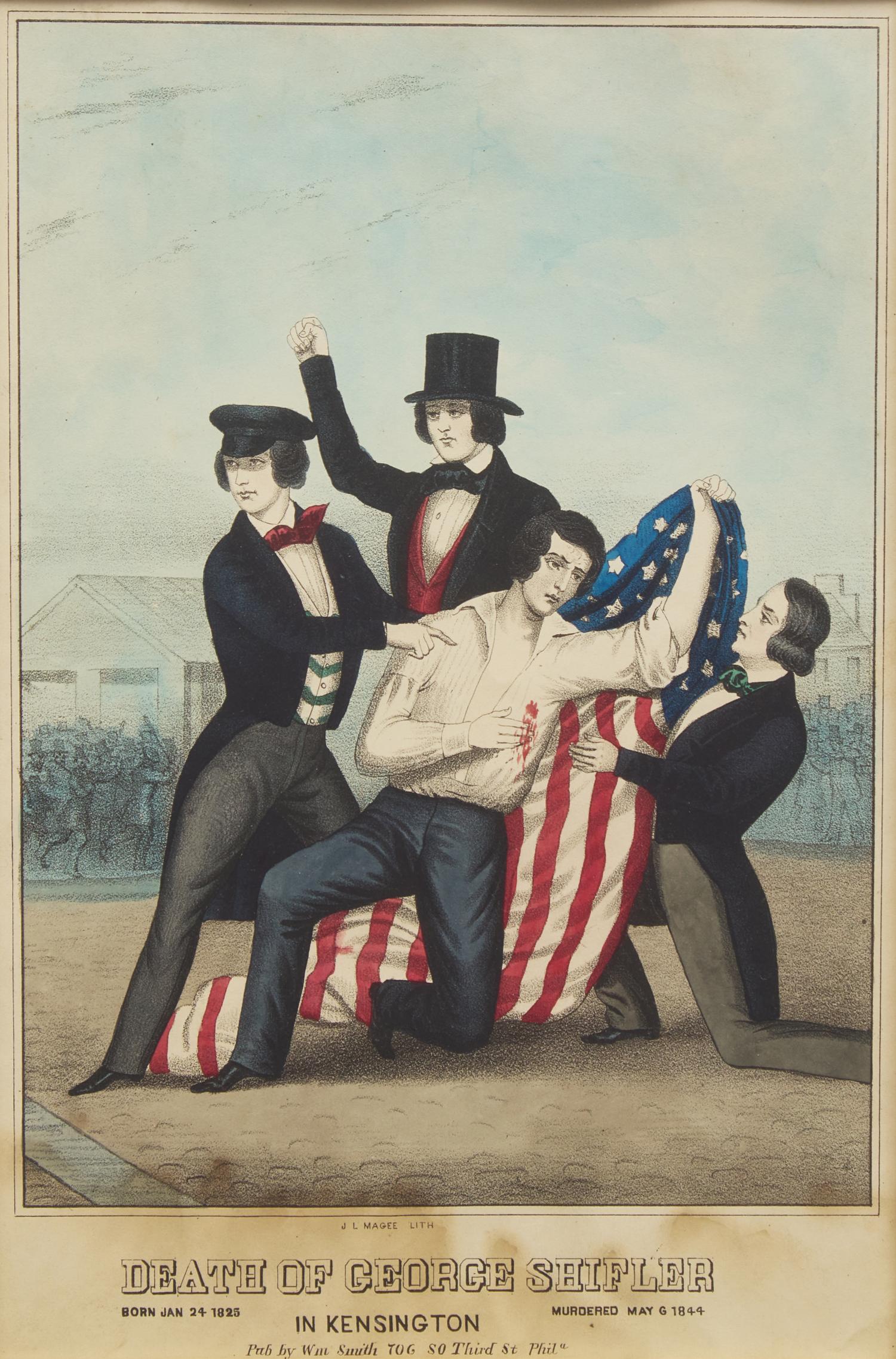 John L. Magee (1820-1870?), A Hand-Colored Lithograph: The Death of George Shifler (1825-1844) in Kensington, Philadelphia, Pennsylvania
