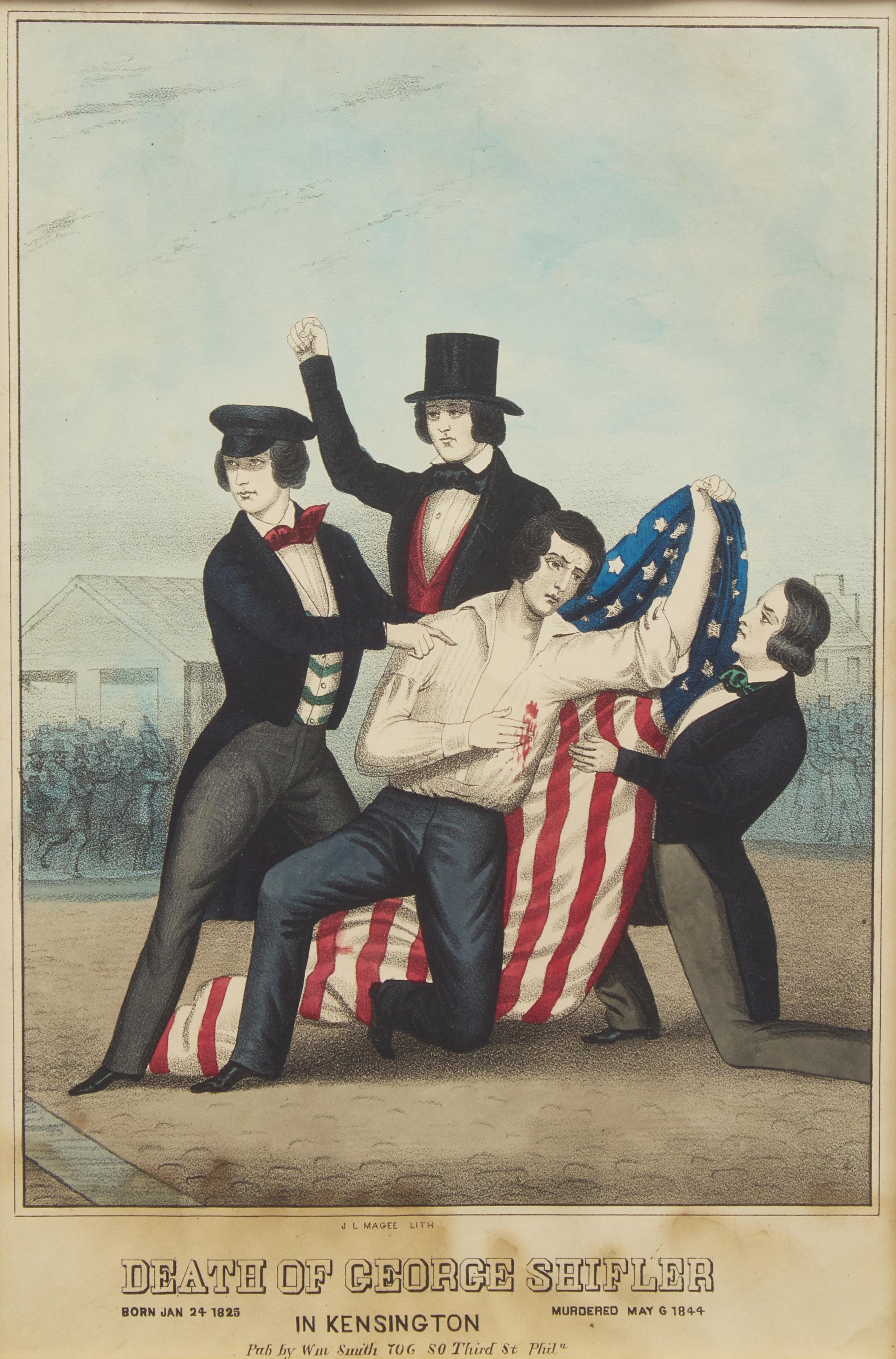 John L. Magee (1820-1870?), A Hand-Colored Lithograph: The Death of George Shifler (1825-1844) in Kensington, Philadelphia, Pennsylvania