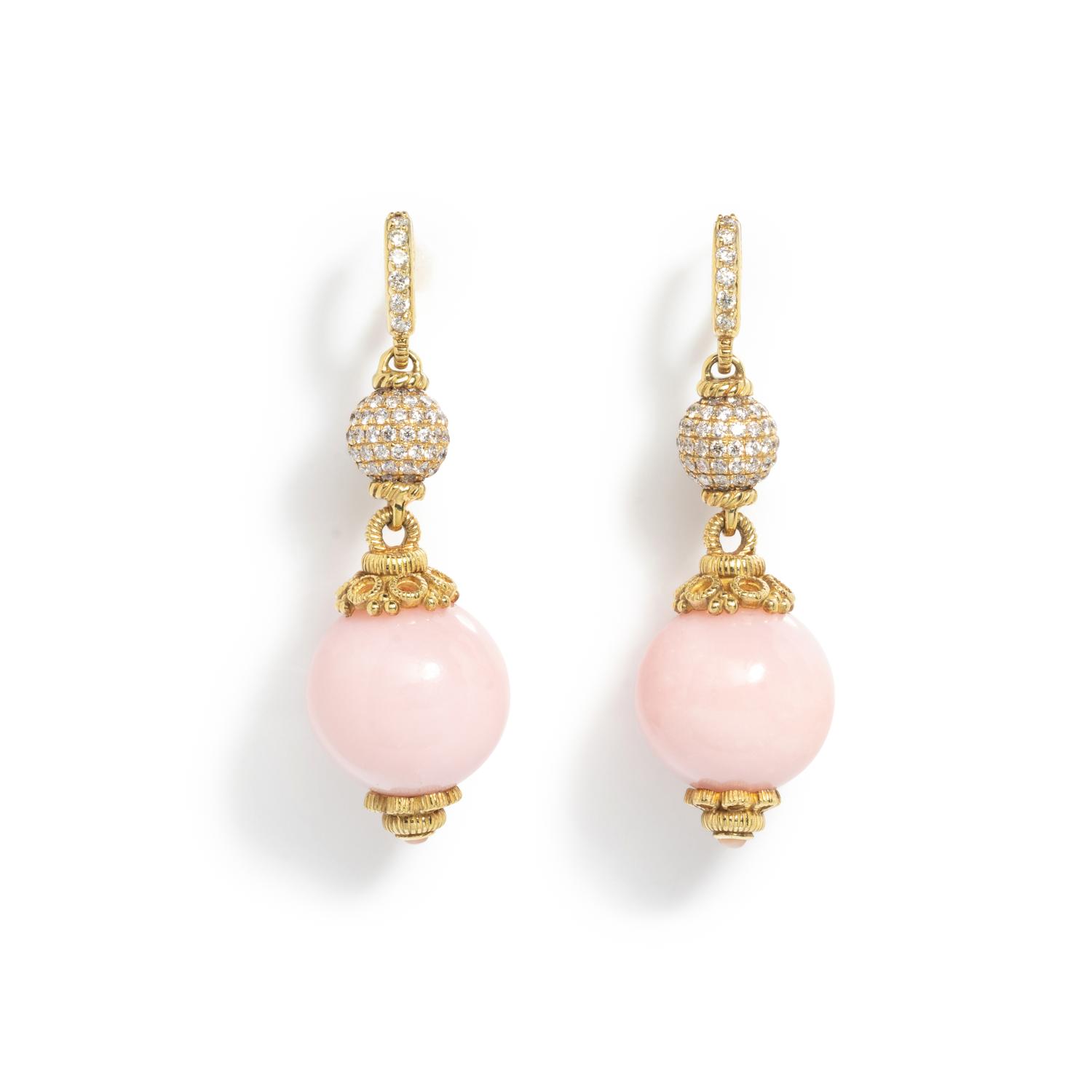 YELLOW GOLD, DIAMOND AND PINK OPAL EARRINGS