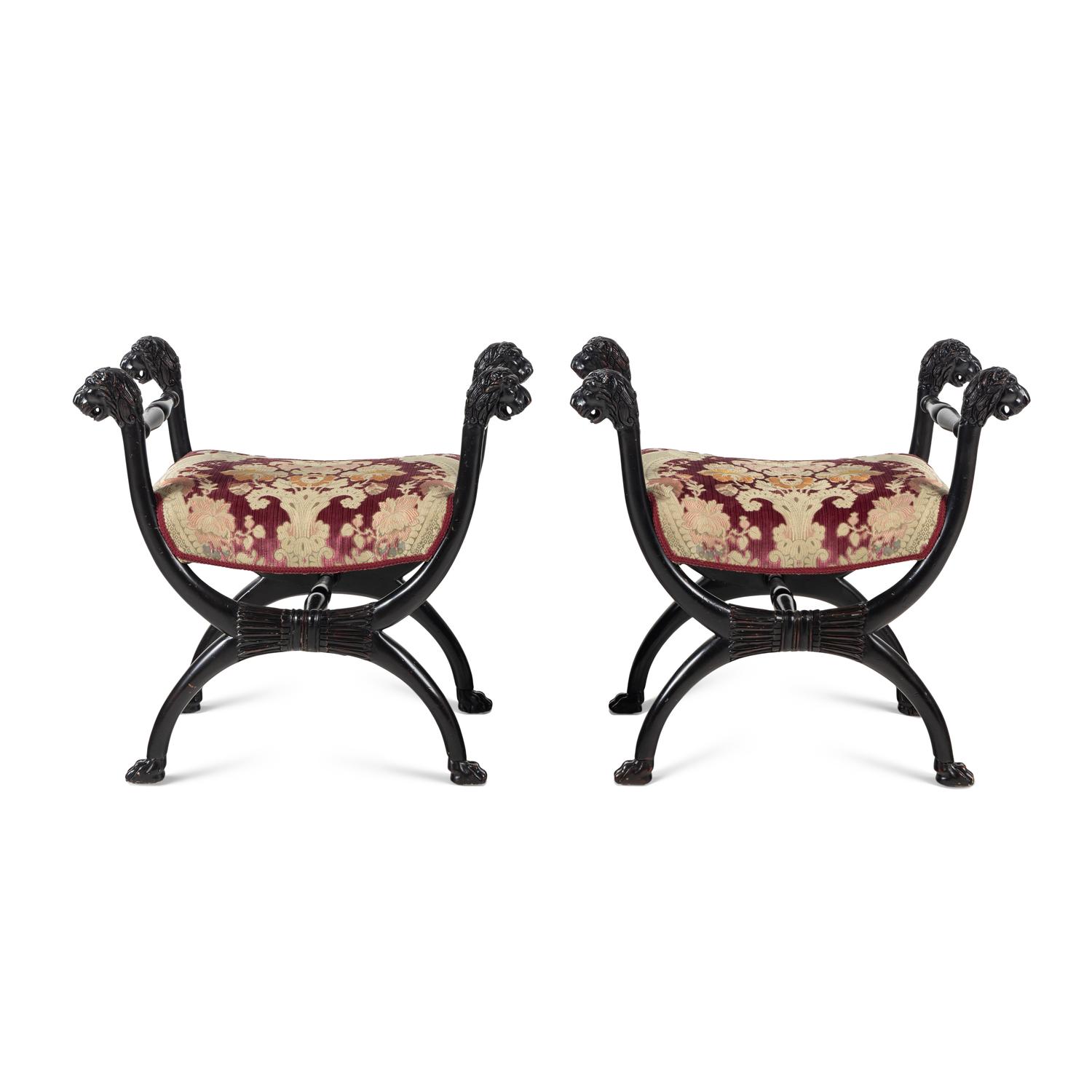 A Pair of Renaissance Style Ebonized Curule-Form Stools