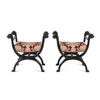 A Pair of Renaissance Style Ebonized Curule-Form Stools