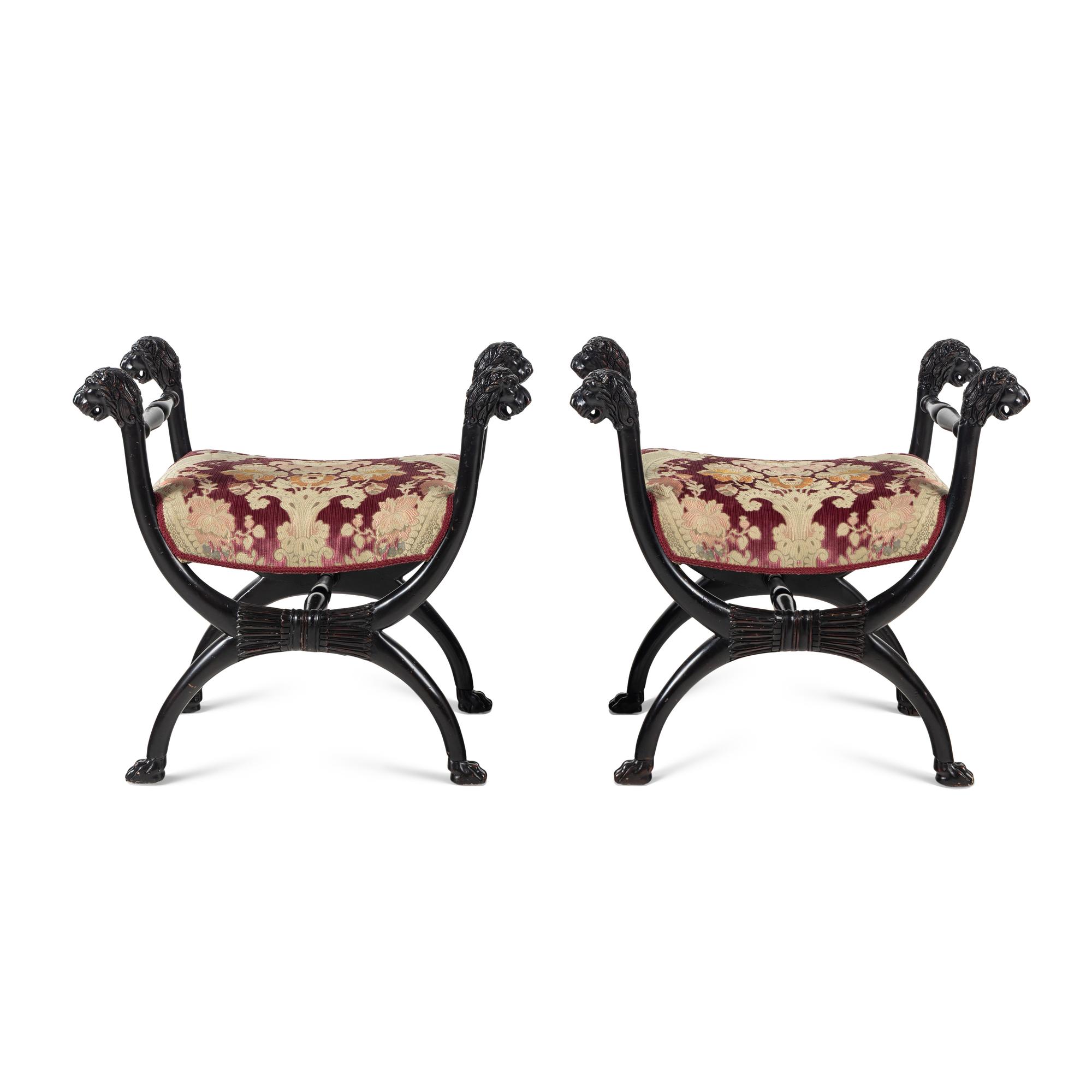 A Pair of Renaissance Style Ebonized Curule-Form Stools