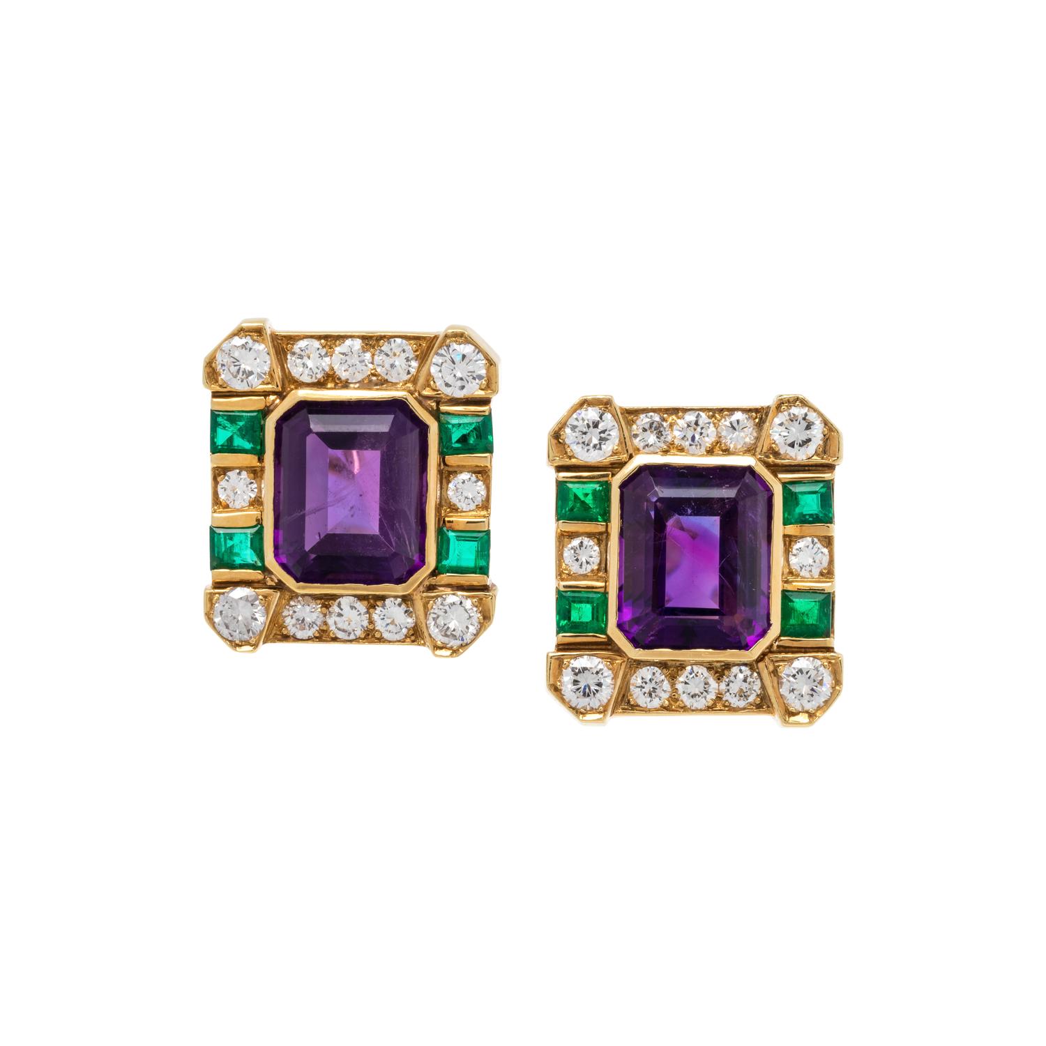 AMETHYST, DIAMOND AND EMERALD EARCLIPS