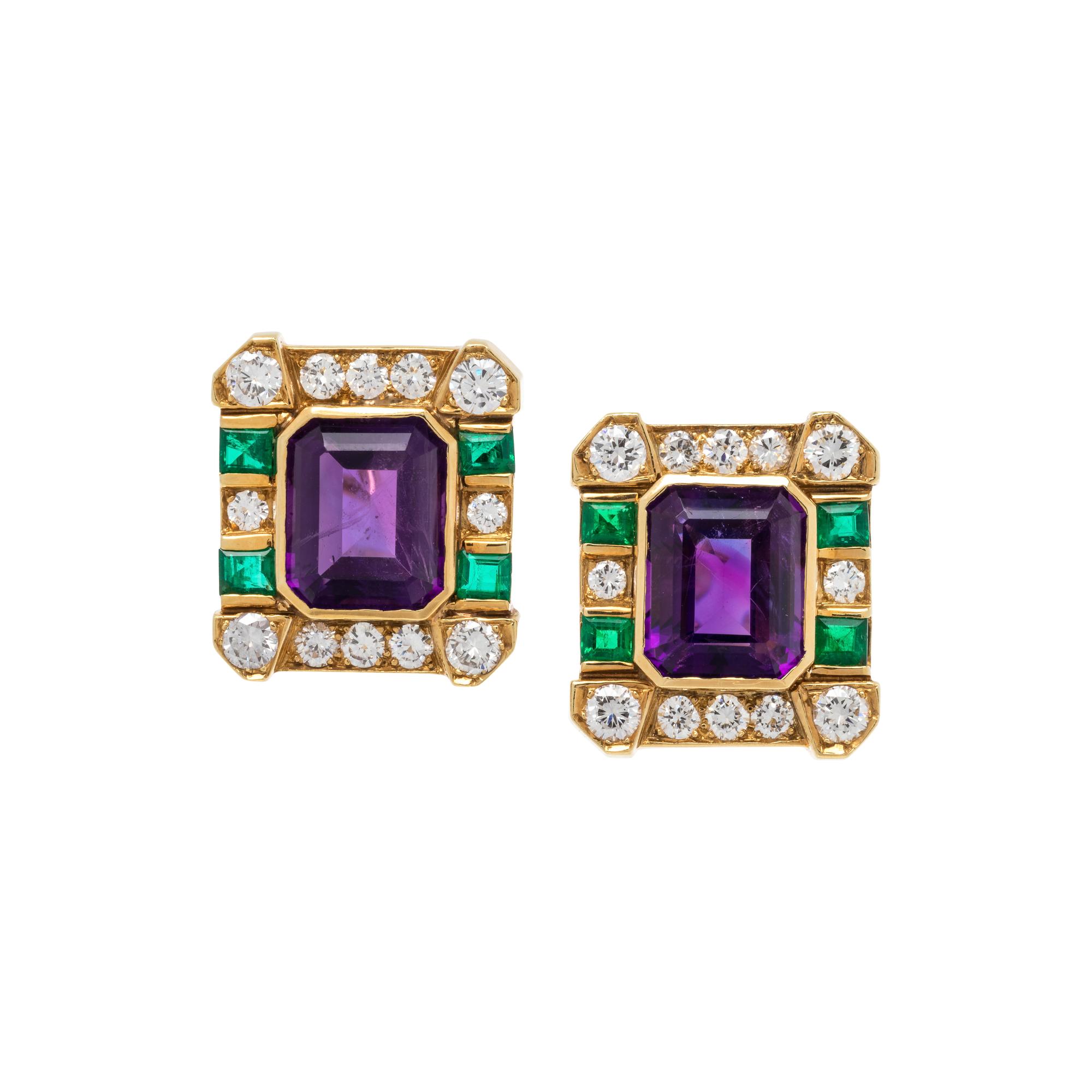 AMETHYST, DIAMOND AND EMERALD EARCLIPS