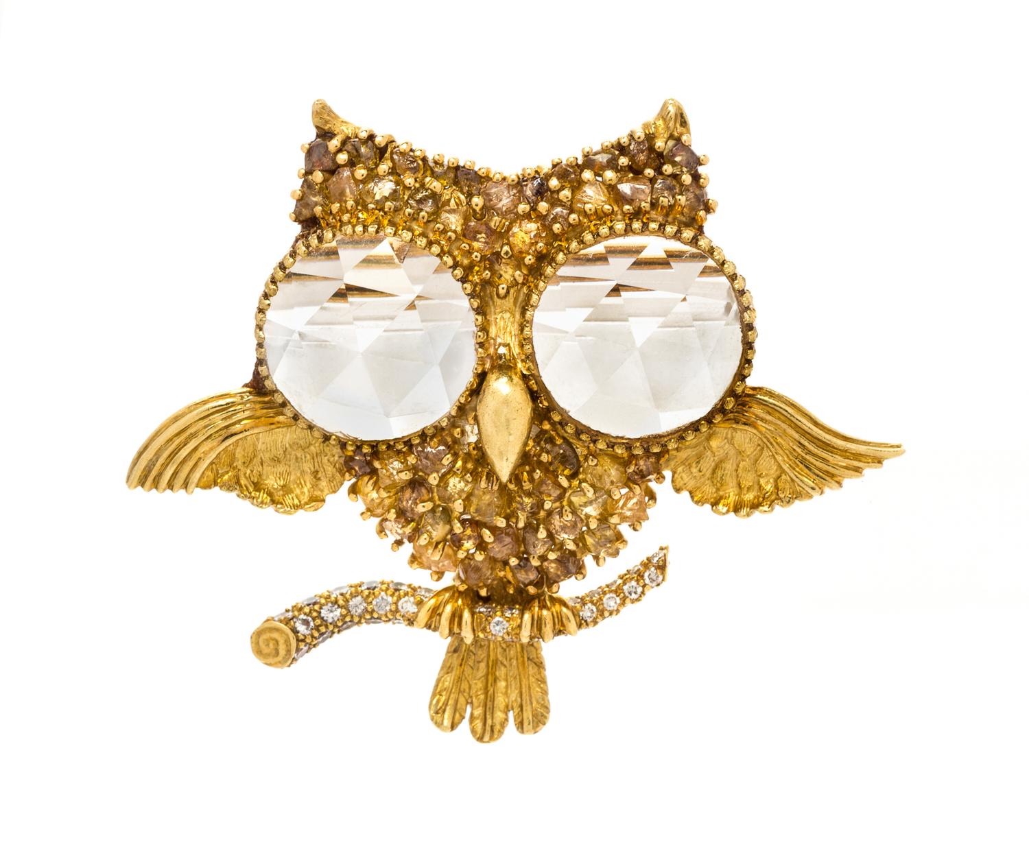 A Yellow Gold, Rock Crystal and Colored Diamond Owl Brooch, Julius Cohen, 13.10 dwts.