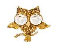 A Yellow Gold, Rock Crystal and Colored Diamond Owl Brooch, Julius Cohen, 13.10 dwts.