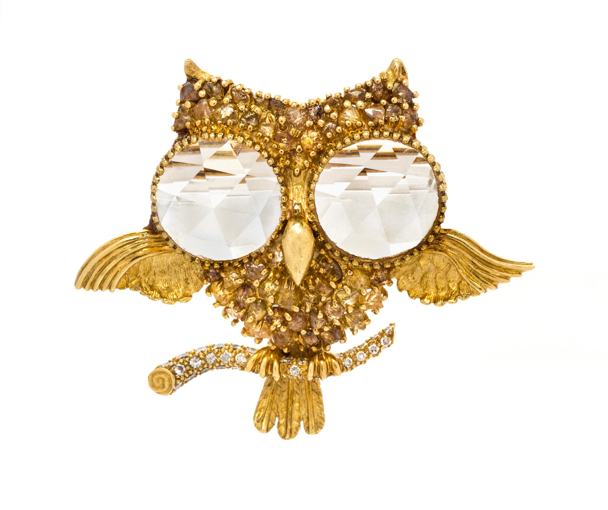 A Yellow Gold, Rock Crystal and Colored Diamond Owl Brooch, Julius Cohen, 13.10 dwts.