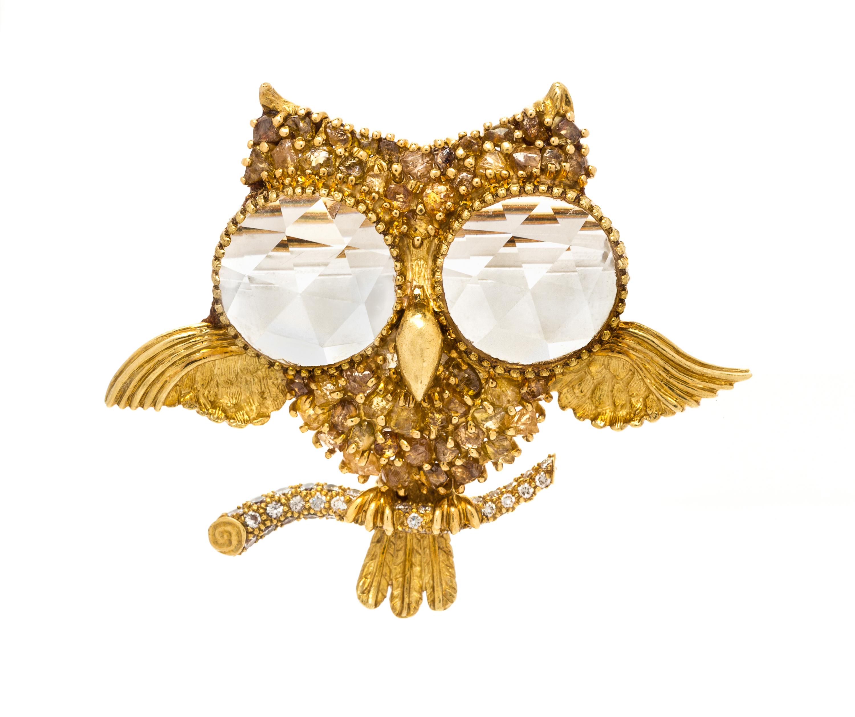A Yellow Gold, Rock Crystal and Colored Diamond Owl Brooch, Julius Cohen, 13.10 dwts.