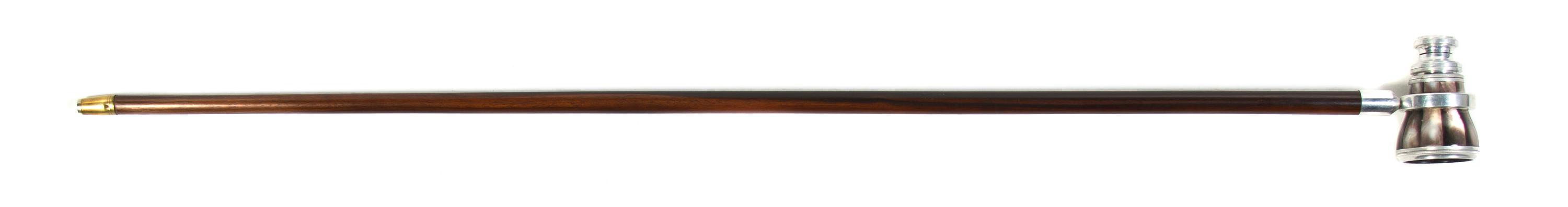 An English Mother-of-Pearl Veneered Monocular Mounted Cane, Aitchison & Co., Height overall 35 7/8 x width of handle open 4 inches.
