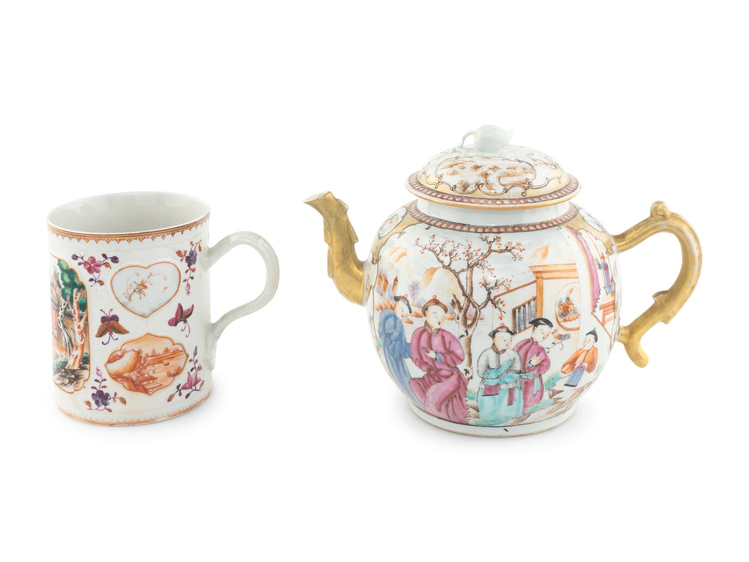 A Large Chinese Export Porcelain Teapot and a Similarly Decorated Export Porcelain Mug