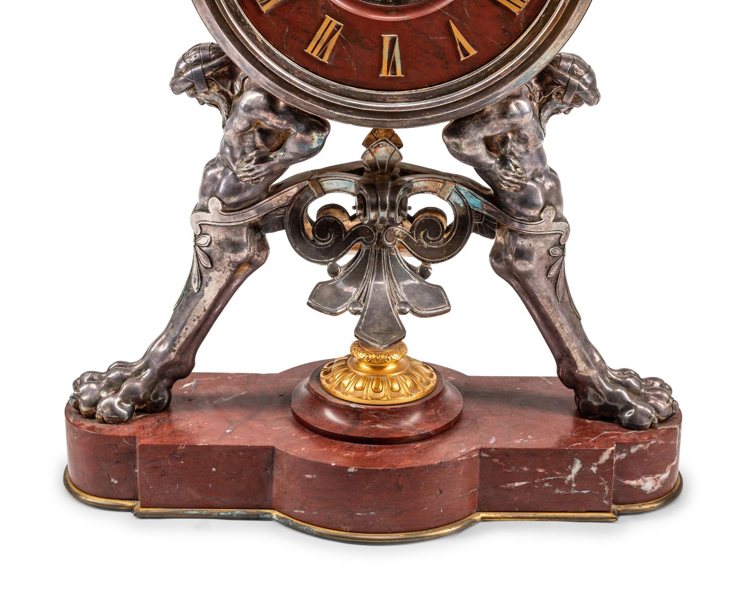 A French Neoclassical Gilt and Silvered Bronze and Marble Mantel Clock