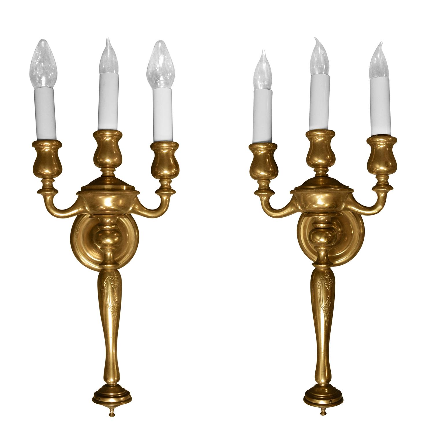 A Pair of Brass Three-Arm Sconces 9.5" W x 6" D x 24" H — United States, 20th Century