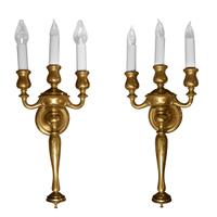 A Pair of Brass Three-Arm Sconces 9.5" W x 6" D x 24" H — United States, 20th Century