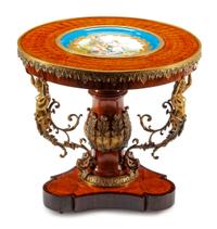 A French Gilt Bronze and Sevres Style Porcelain Mounted Parquetry Gueridon