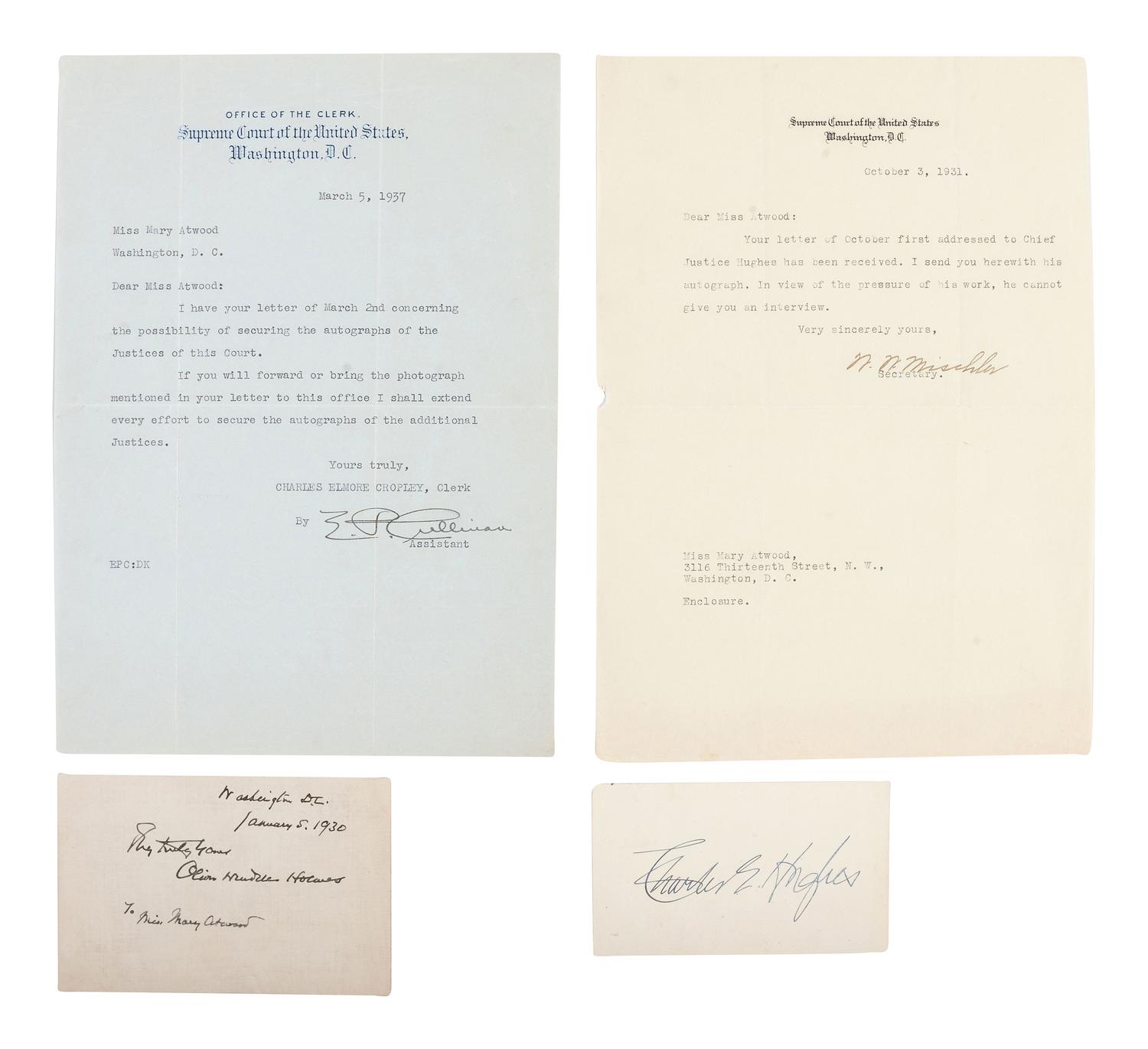 [US SUPREME COURT]. A group of autographs of US Supreme Court Justices, incl. photograph signed by all nine justices in 1935.