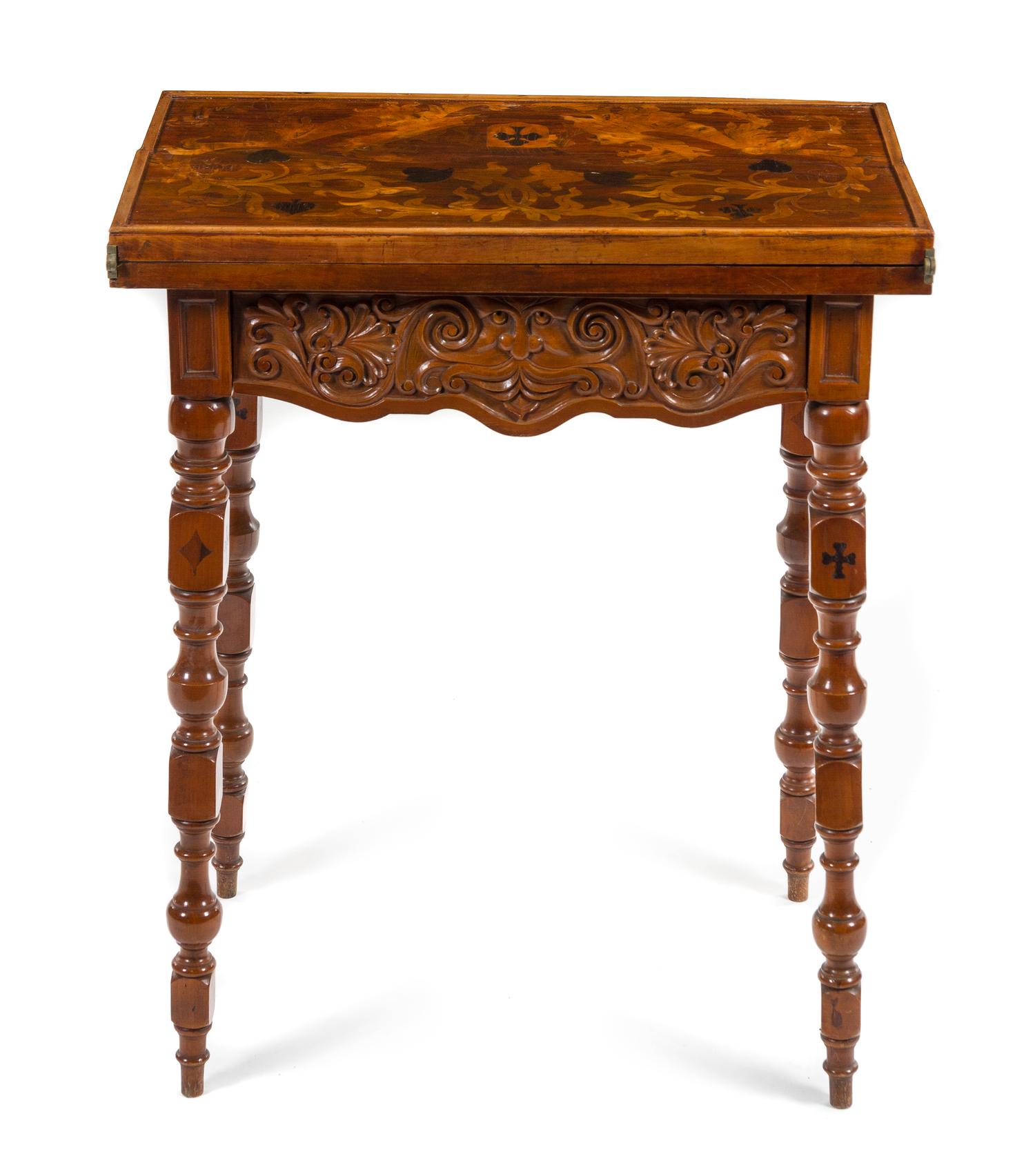 An Emile Galle Marquetry Fold-Over Card Table Height 30 x width 25 1/4 x depth 15 1/4 inches (closed).