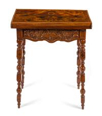 An Emile Galle Marquetry Fold-Over Card Table Height 30 x width 25 1/4 x depth 15 1/4 inches (closed).
