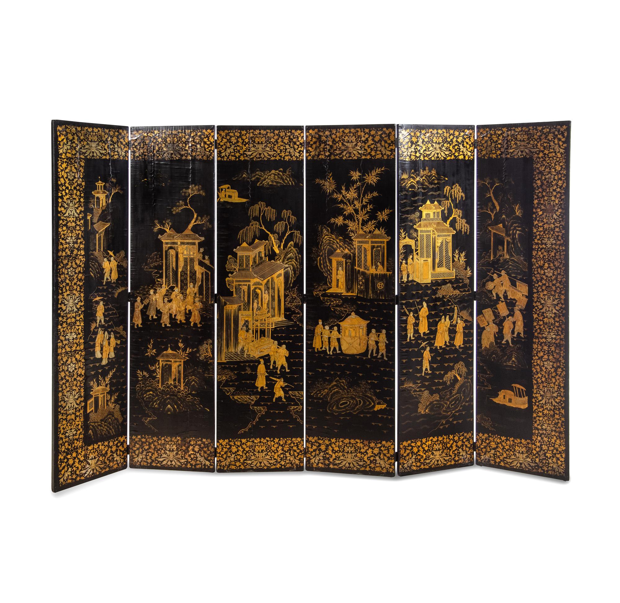 A Chinese Export Lacquer Six-Panel Floor Screen
