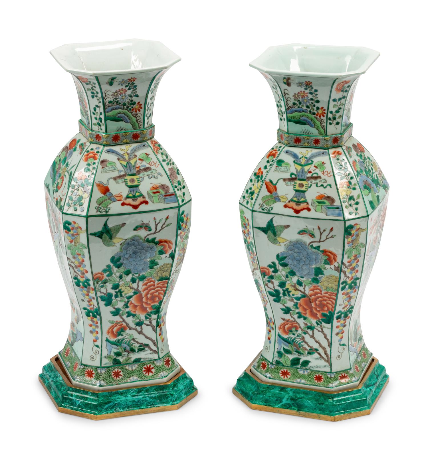 A Pair of Chinese Export Famille Verte Porcelain Vases on Wood Bases