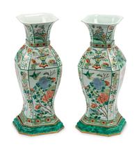 A Pair of Chinese Export Famille Verte Porcelain Vases on Wood Bases