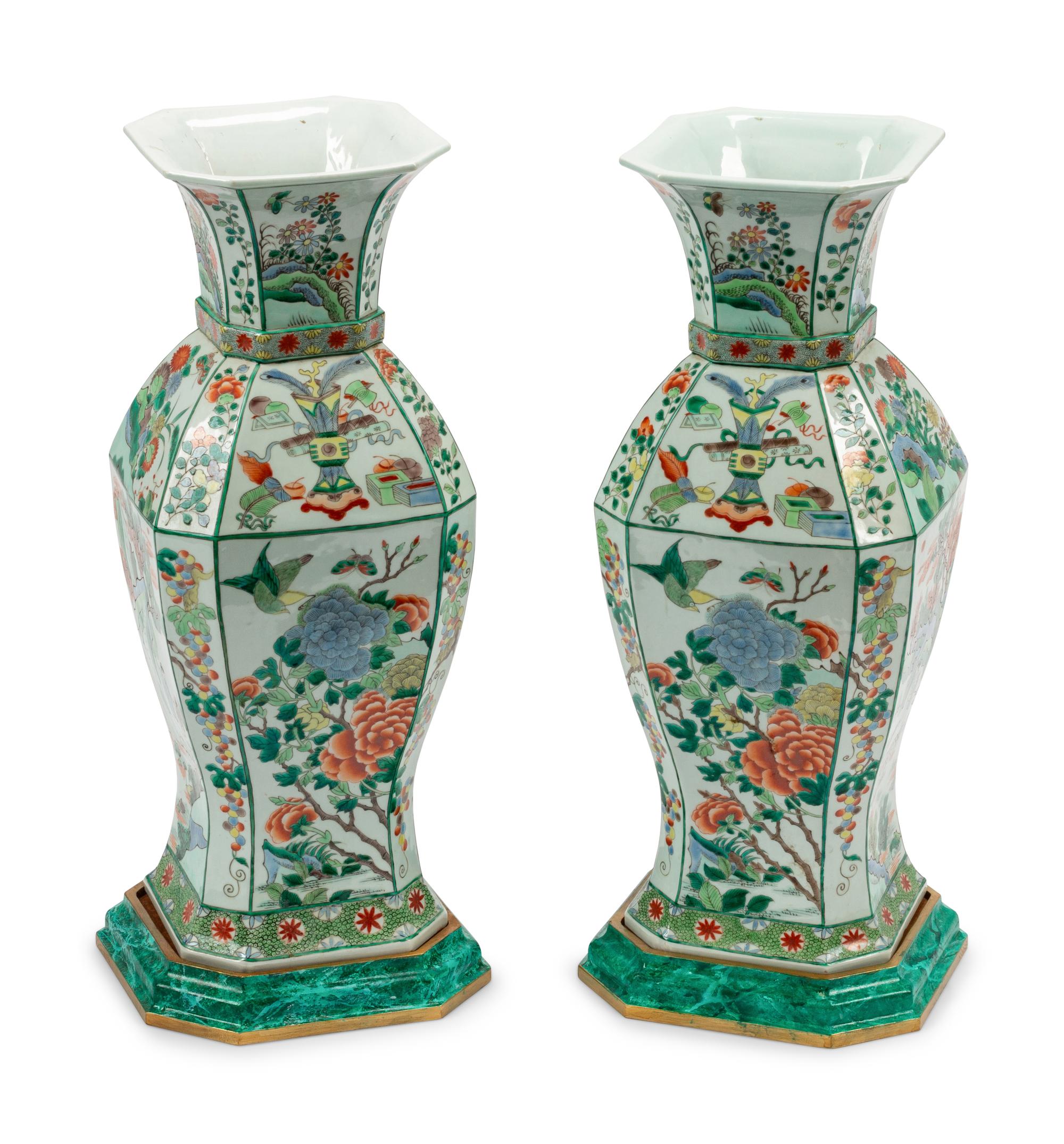 A Pair of Chinese Export Famille Verte Porcelain Vases on Wood Bases
