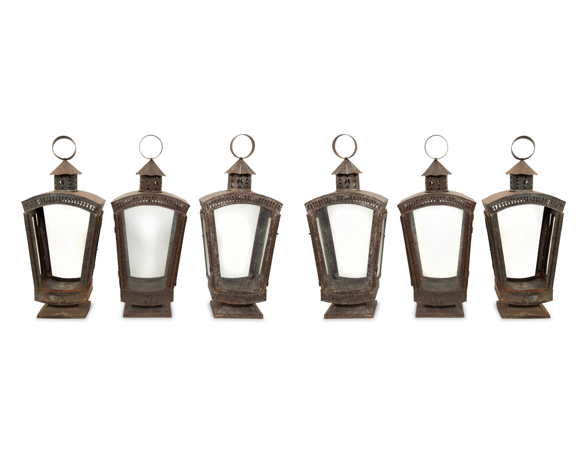 A Group of Six Patinated Metal Lanterns