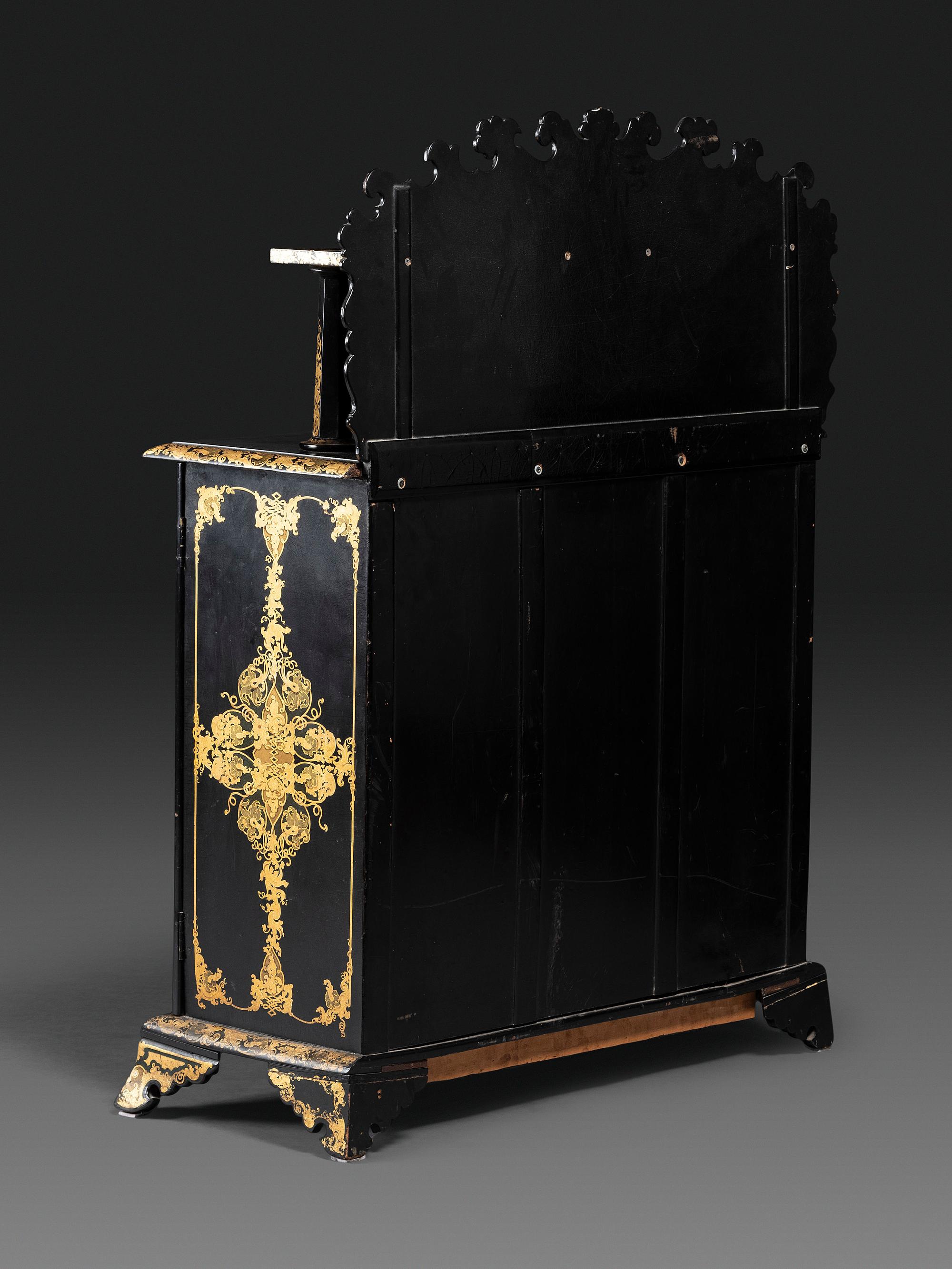 A Victorian Black Lacquered, Parcel Gilt and Mother-of-Pearl Inlaid Sideboard