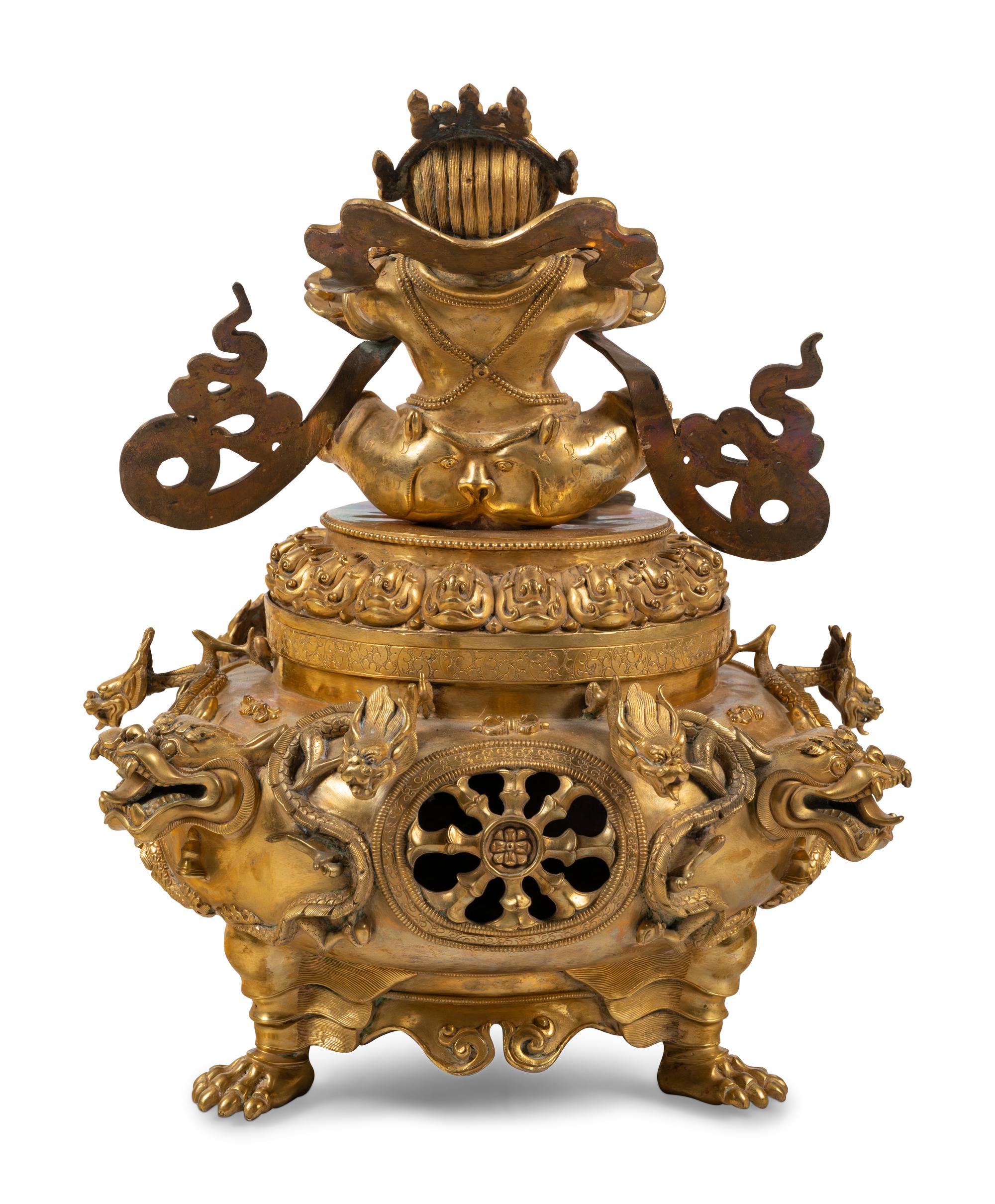 A Sino-Tibetan Style Gilt Bronze Tripod Incense Burner