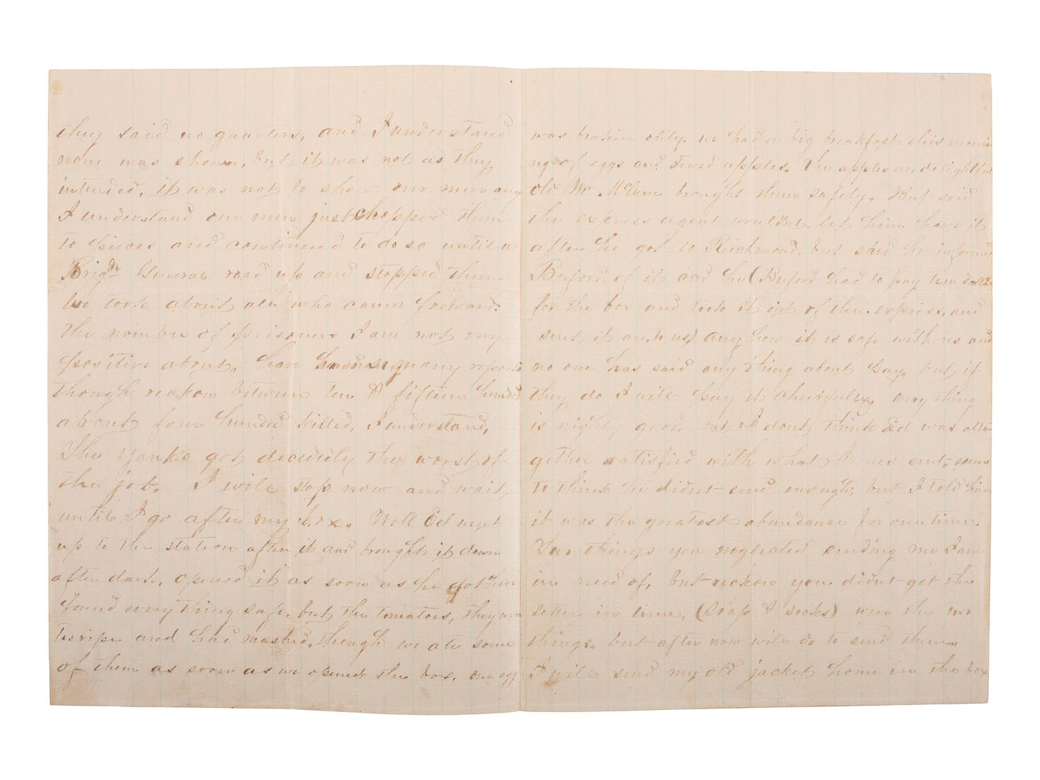 [CIVIL WAR]. WOMACK, E. Lockett. Autograph letter signed ("E.L. Womack") as Confederate soldier, Company D, 18th Virginia Infantry, describing the Battle of the Crater during the Siege of Petersburg.