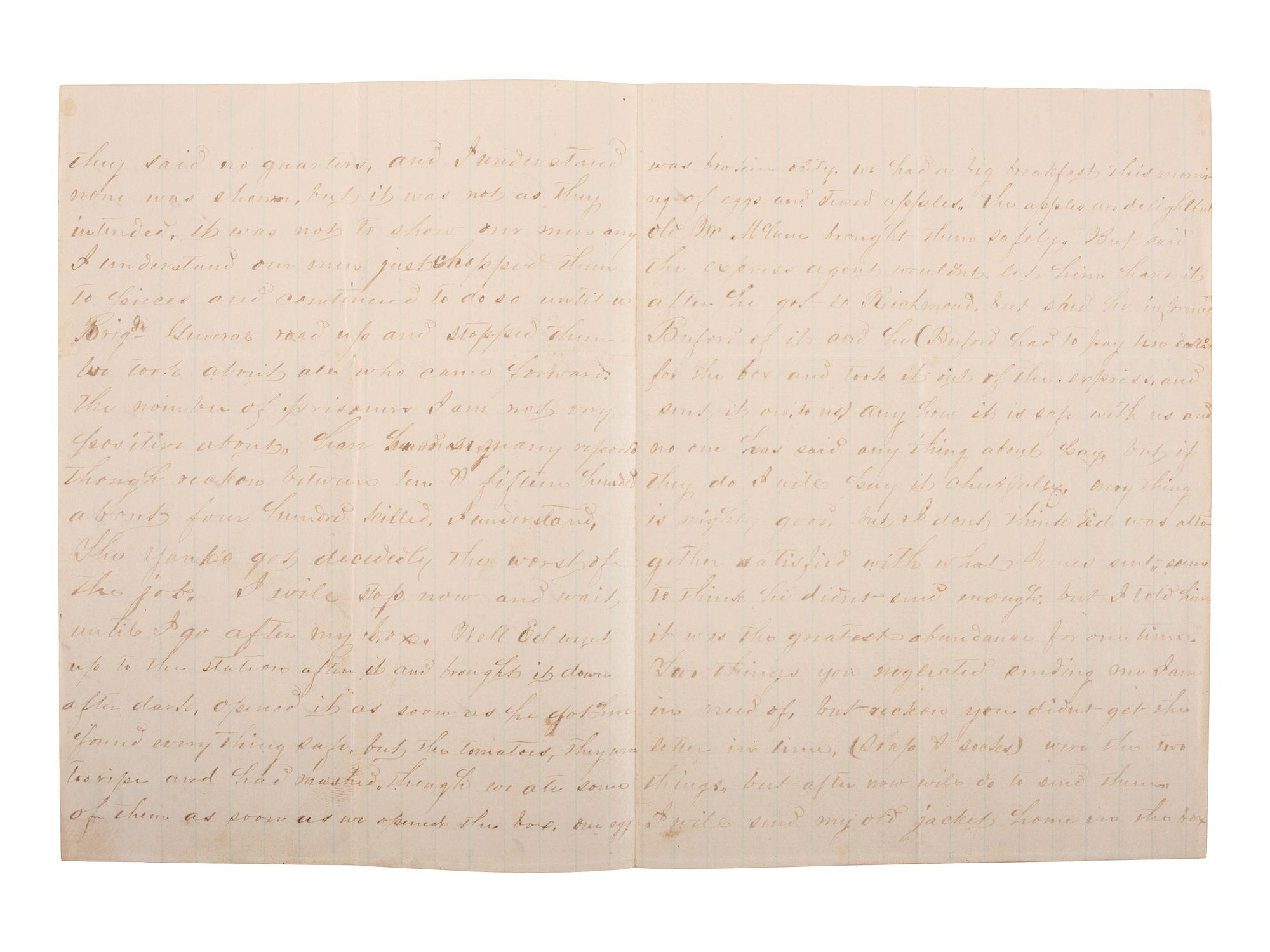 [CIVIL WAR]. WOMACK, E. Lockett. Autograph letter signed ("E.L. Womack") as Confederate soldier, Company D, 18th Virginia Infantry, describing the Battle of the Crater during the Siege of Petersburg.