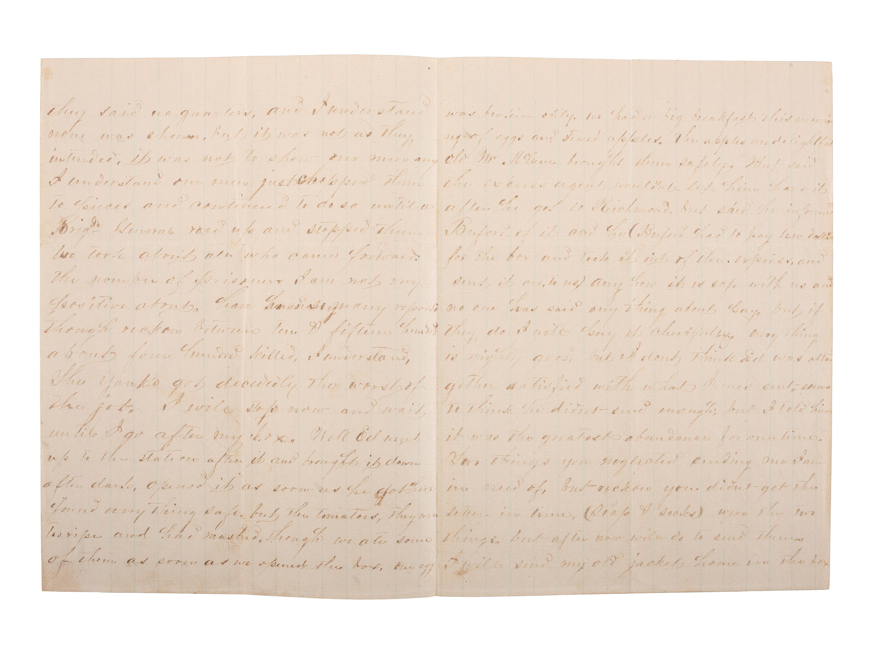 [CIVIL WAR]. WOMACK, E. Lockett. Autograph letter signed ("E.L. Womack") as Confederate soldier, Company D, 18th Virginia Infantry, describing the Battle of the Crater during the Siege of Petersburg.