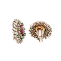 RUBY, DIAMOND AND EMERALD CLIP EARRINGS