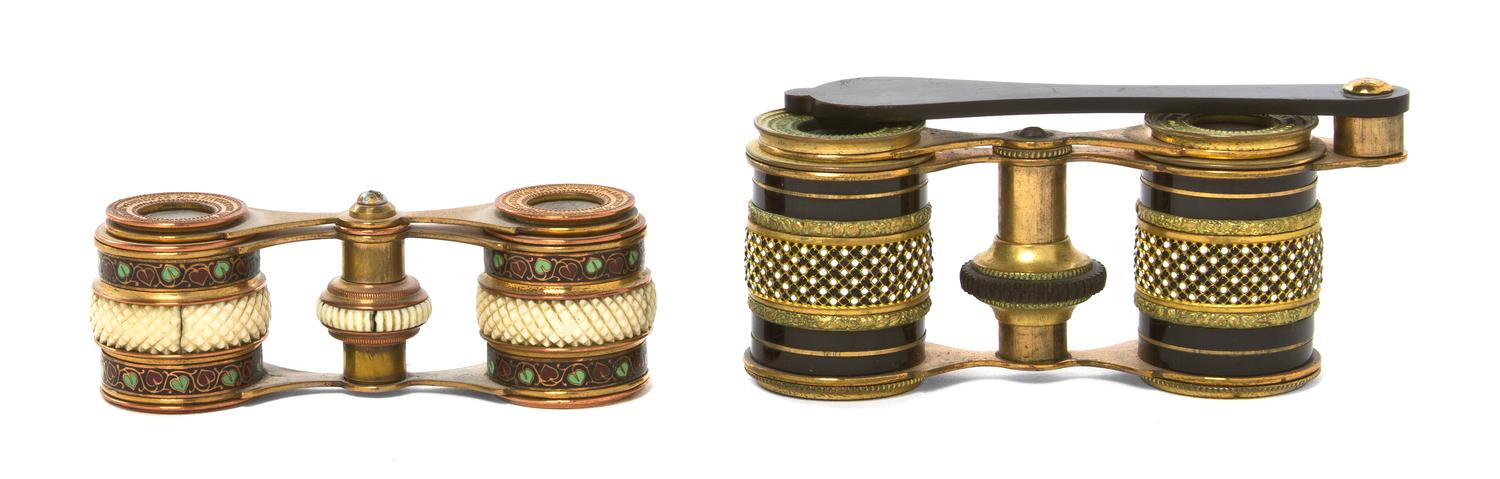 Two Pairs of French Enameled Opera Glasses, Width of first 3 7/8 inches.