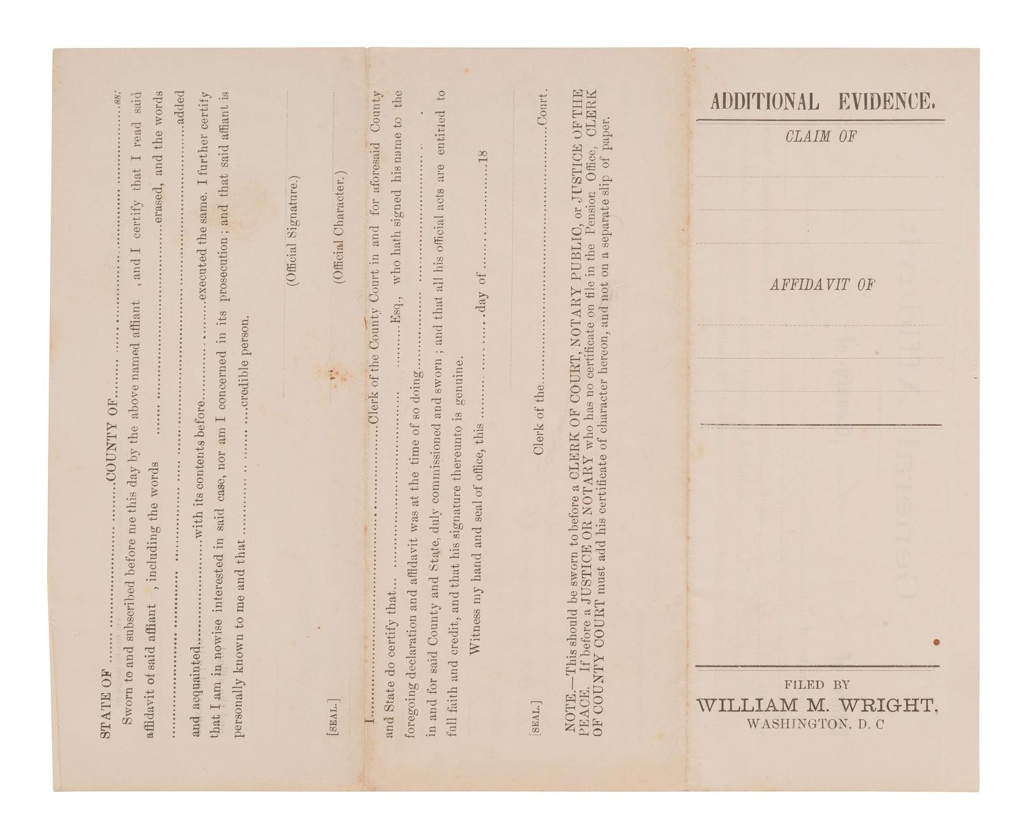 [ENSLAVEMENT]. South Carolina affidavit containing revised statement by former slave in reference to a deceased USCT soldier.